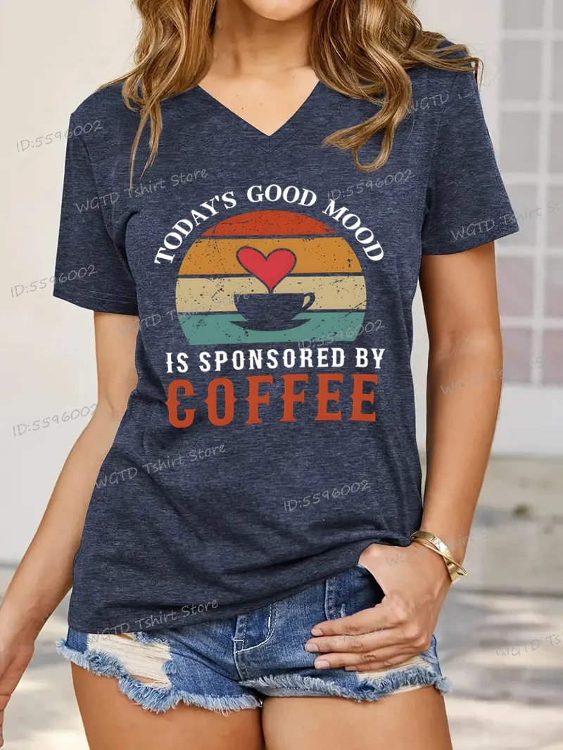Dames Love Coffee Grafisch T-shirt Casual V-hals T-shirt met korte mouwen Cadeau voor koffieliefhebber Vintage T-shirts Zomer Klassieke tops
