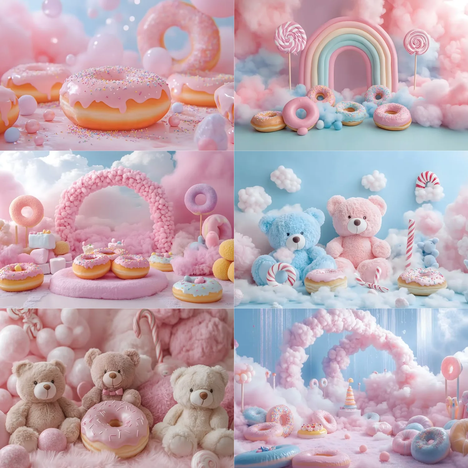 

Cute Donut Teddy Bears Background Newborn Baby Pink Blue Soft Cloud Sweet Cake Birthday Party Decoration Girl Gift Prop Poster