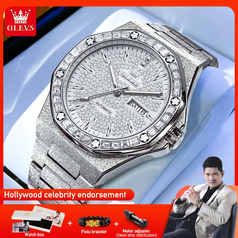 

OLEVS 9803 Mens Watch Luxury Brand Automatic Mechanical Waterproof Luminous Watch Diamond Dial Day-Date Watch Box Gifts