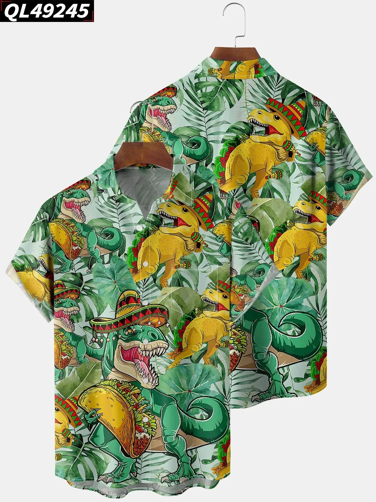 Summer Hawaiian Men's Shirts Short Sleeve Button Tops T-rex Candy Cartoon Print High Quality Beach Vacation Pocket Clothing 2024