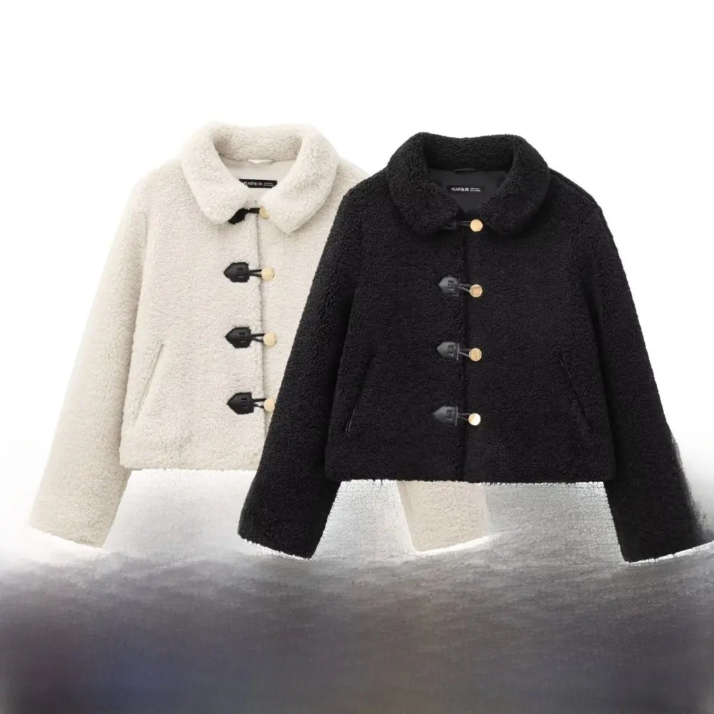 

Women's Fleece Lapel Long-Sleeved Short Outwear Autumn Winter New Style European American Clothing for Small People
