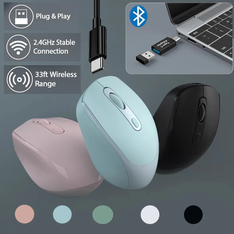 Mouse silenzioso Wireless compatibile con Bluetooth 2.4G Mouse ottico ricaricabile a doppia modalità 1600 DPI per MacBook Laptop PC Game Office