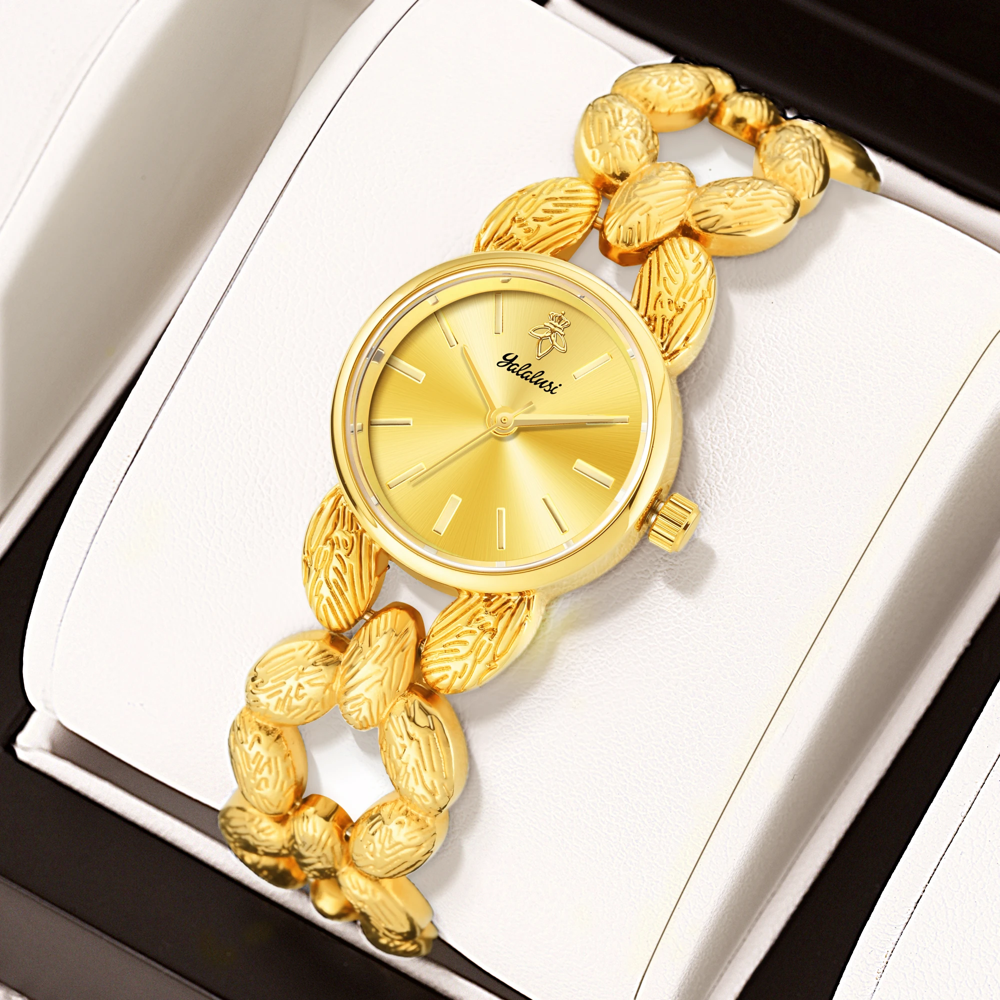 

Женские кварцевые часы YaLaLuSi класса люкс, с индивидуальным дизайном, позолоченные, модный плетеный ремешок-скелетон, повседневный стиль, подарок для женщин