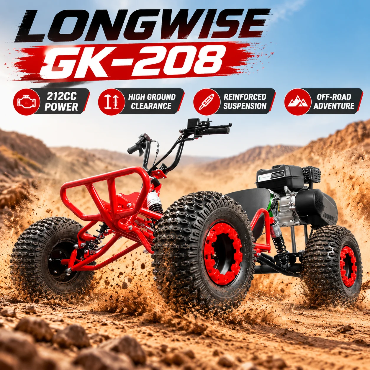 LONGWISE Go Kart 212cc, veicolo fuoristrada a benzina per adulti, con elevata altezza da terra, sospensioni rinforzate, paraurti anteriore, ideale per guida su tutti i tipi di terreno, per avventure