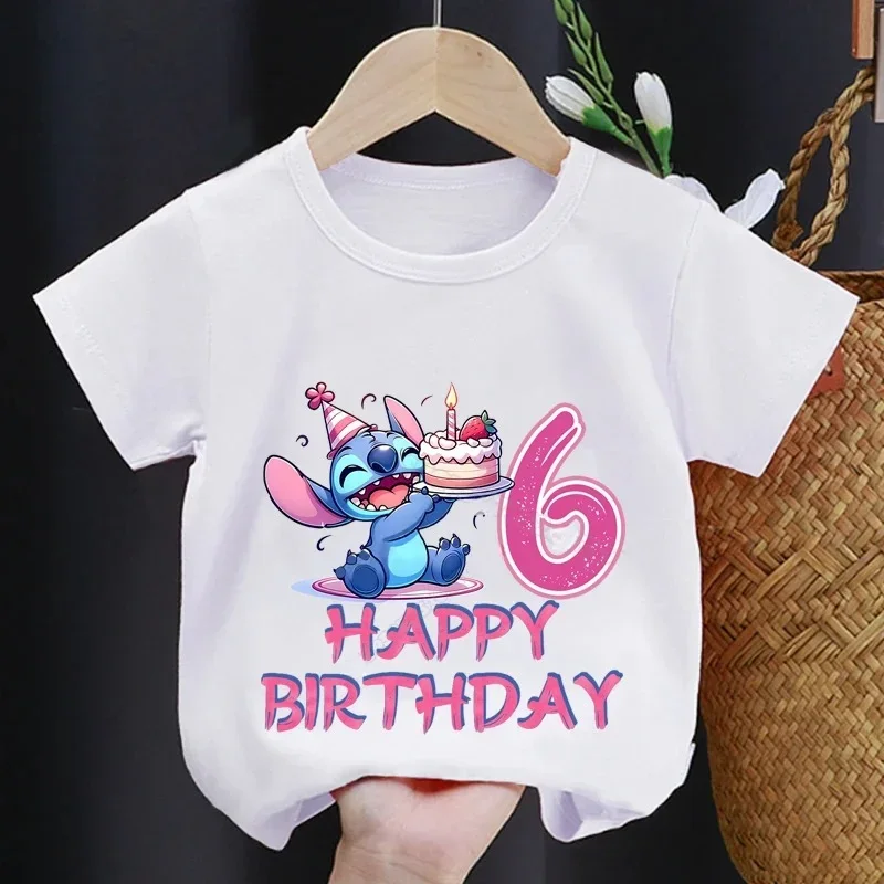 Lilo Stitch Children T-shirt Birthday 3-10 Years Boy Girl Clothing Summer Cartoon Print Tshirt Short Sleeve Cotton Top Baby Tee