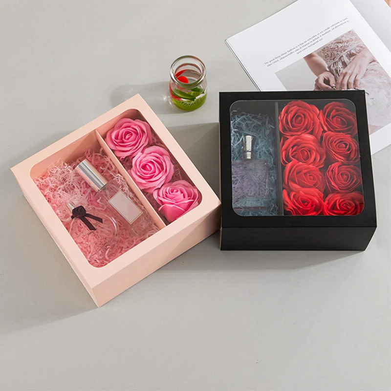 Flower Gift Box with Handle Transparent PVC Window Rose Candy Dessert Packaging Box Valentine's Day New Year Gift