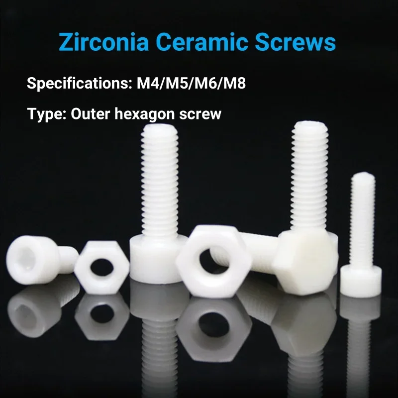 10Pcs Zirconia Ceramic Screws Insulation Wear-Resistant High Temperature M4-M8 Outer Hexagonal Screws