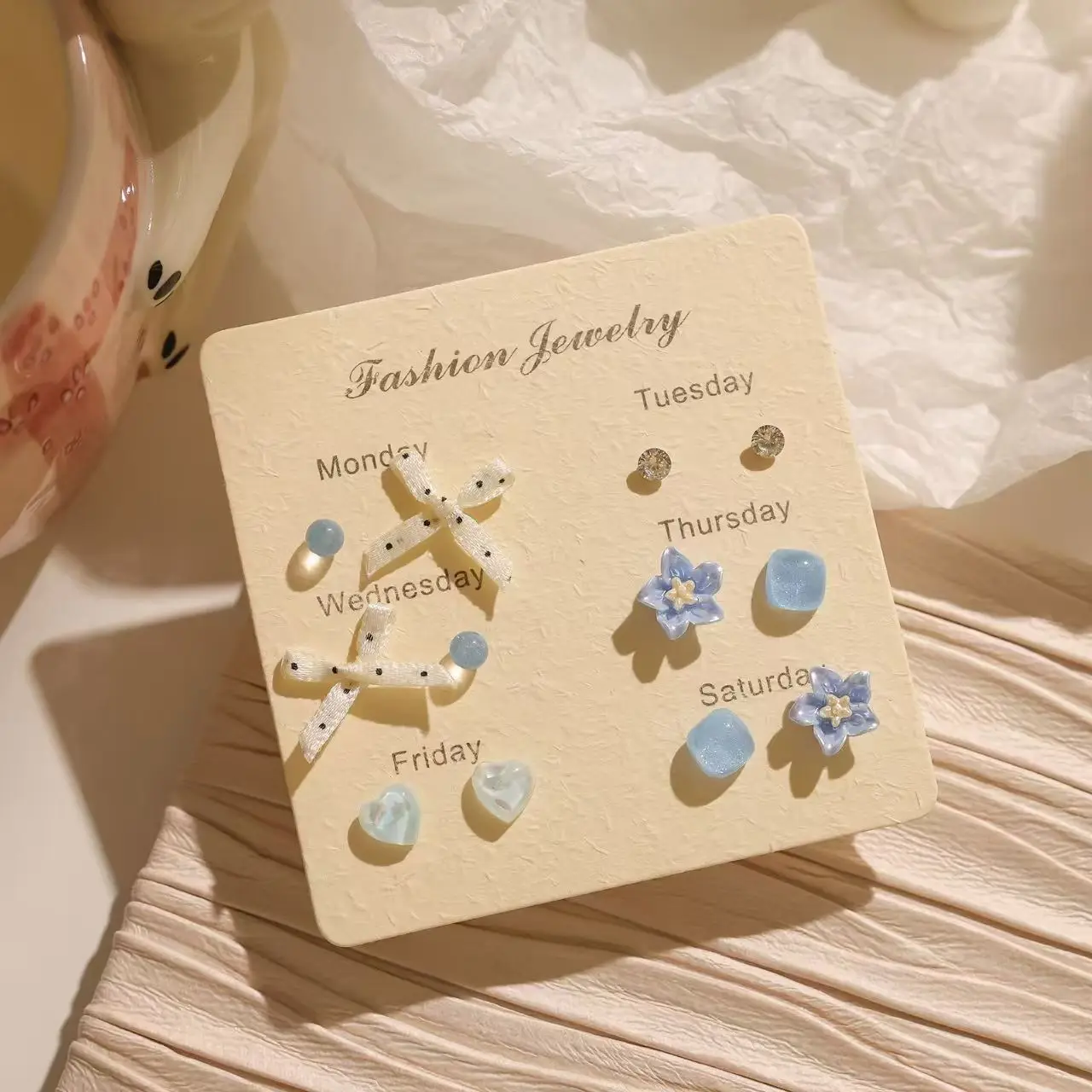 Sweet Fashion Cute Colorful Exquisite Bow Little Flowers Heart A Week Studs Earrings for Women Elegance Charming Holiday Jewelry