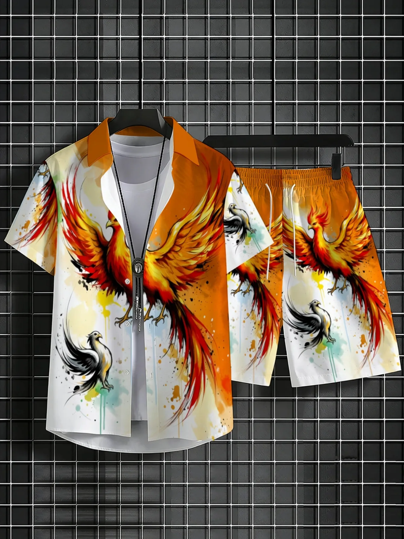 Conjunto de hombre con patrón de fénix oriental, camisa de manga corta con botones, pantalones cortos con cordón, traje informal para vacaciones