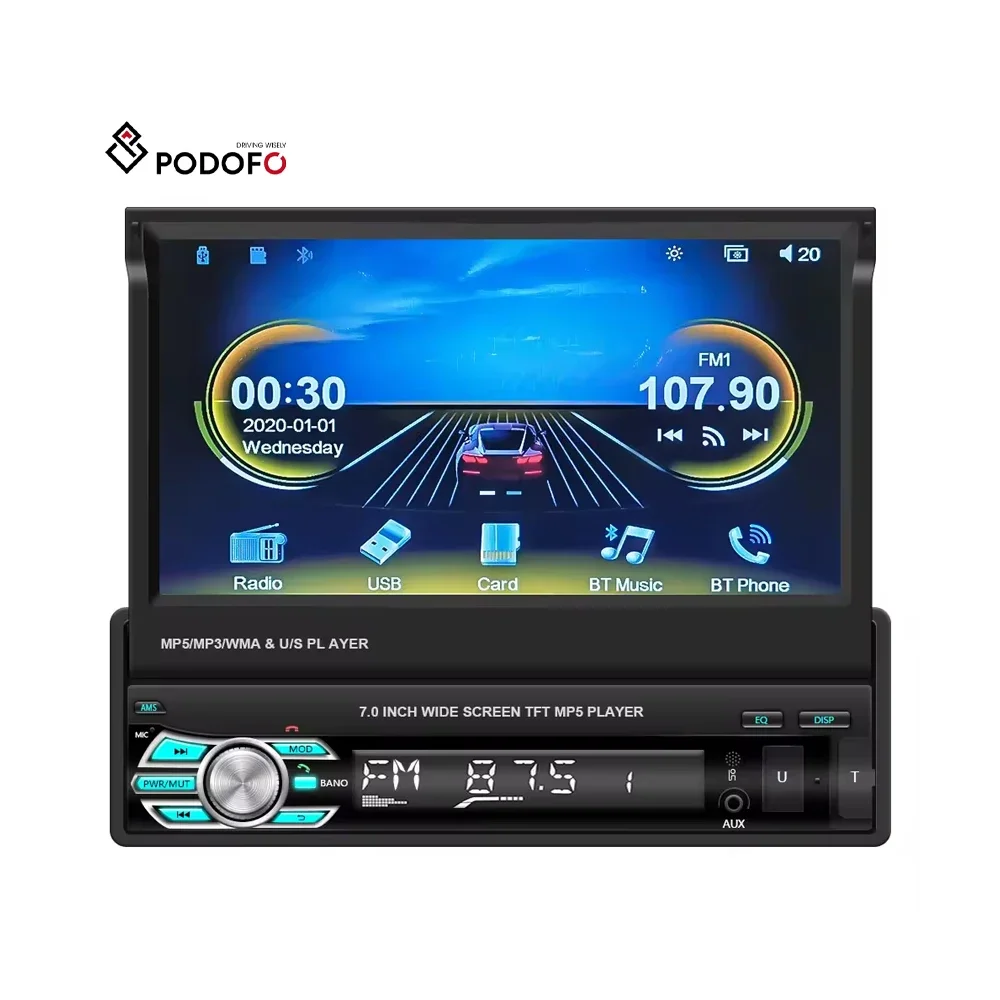 

Podofo Single Din Carplay Car Radio Auto Stereo 7" Retractable Touch Screen Autoestereo BT FM Aux Input USB Support AHD Camera