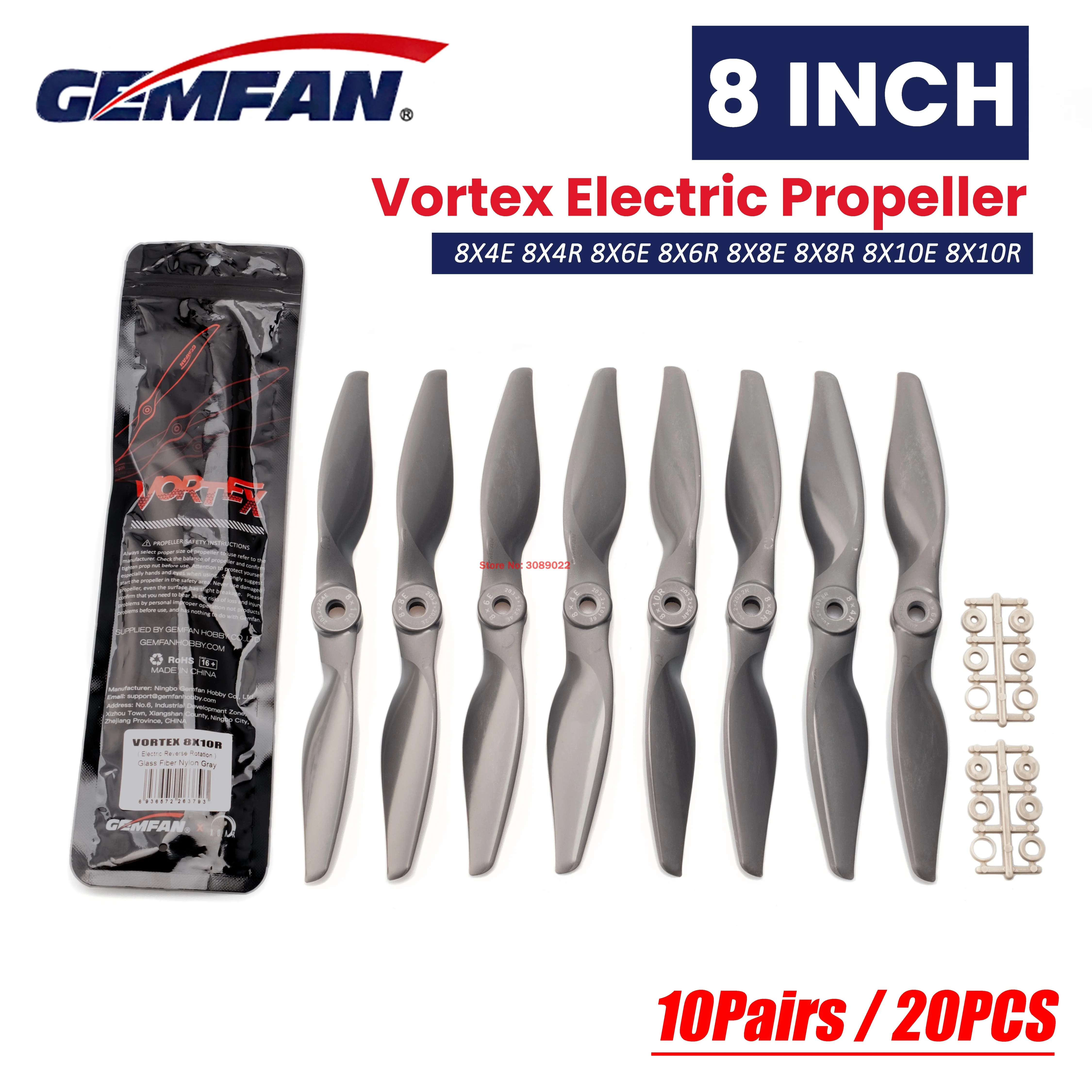 10Pairs/20PCS GEMFAN VORTEX Electric 8Inch Fixed-Wing Electric Propeller 8X4R 8X4E 8X6E 8X6R 8X8E 8X8R 8X10E 8X10R For FPV Drone