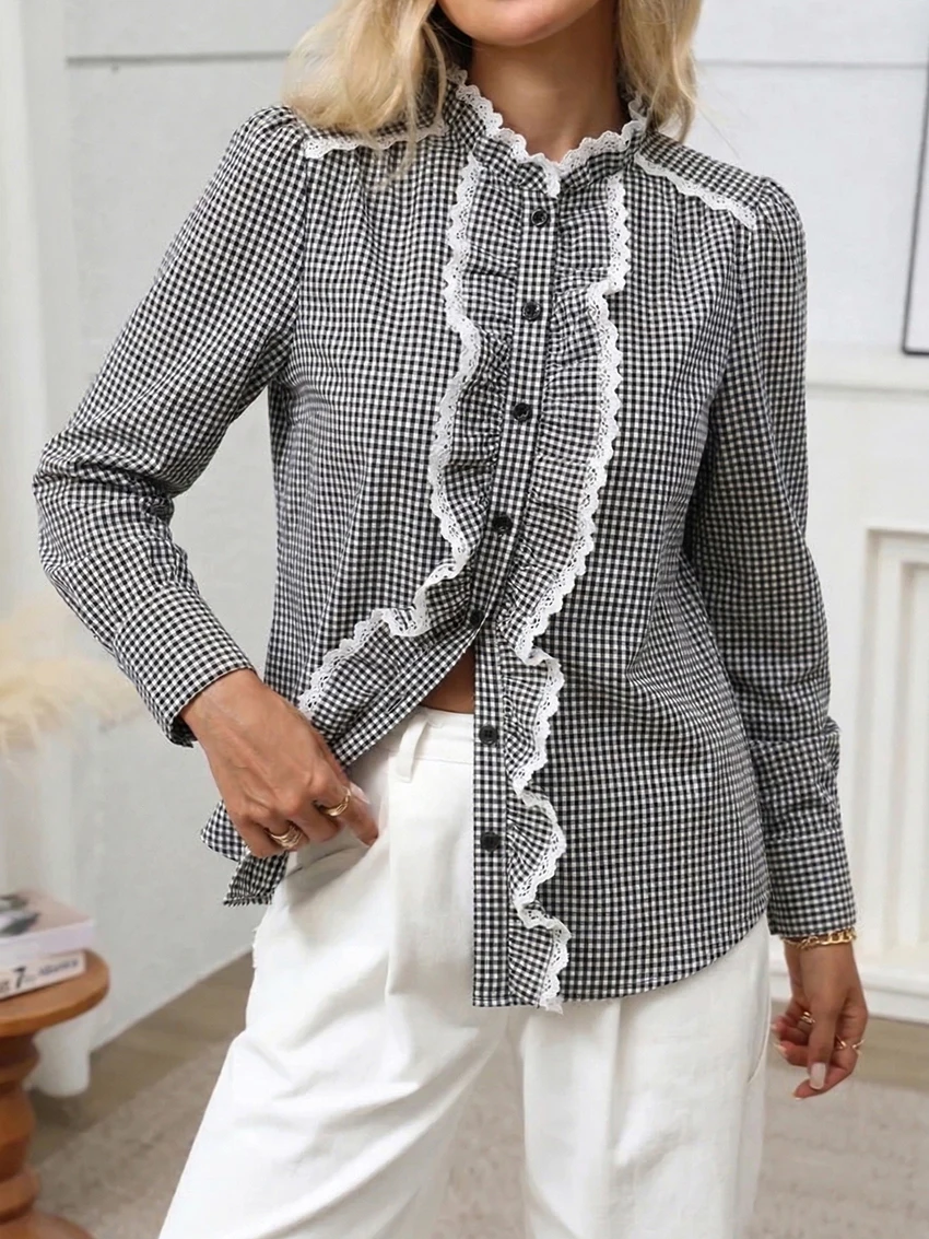 

Parc Fee Fashion Loose Plaid Office Women's Shirt Autumn Stand Collar Long Sleeve Shirt Lady Elegant Ruffles Top Female Clothing