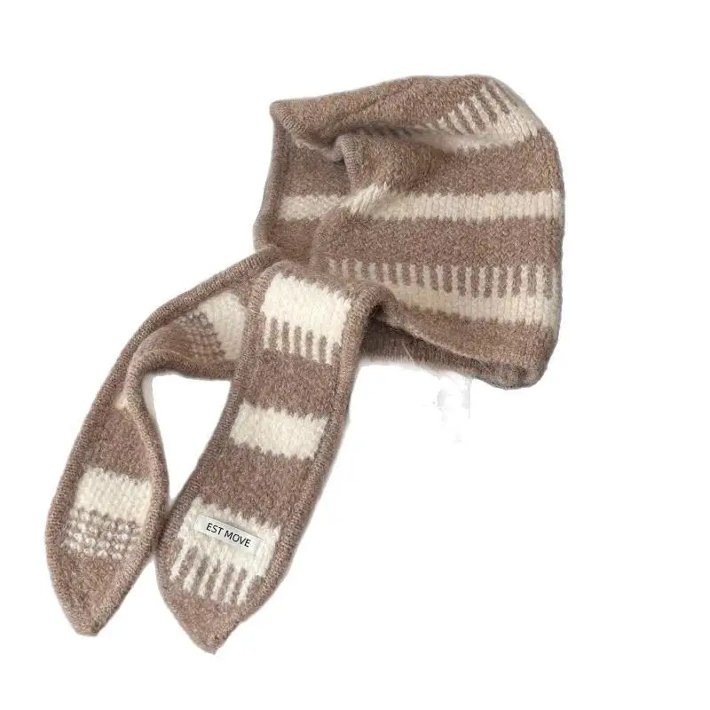 Dicker, Warmer Gestrickter Kapuzenschal mit Schwarz-Weiß-Streifen für Winterliche Outdoor-Aktivitäten und Tägliches Tragen – Detail 5