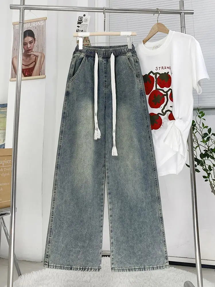 Women's Elastic High Waist Wide Leg Straight Jeans Loose Slimming Student Style Plus Size Vintage Washed Streetwear Denim Pants