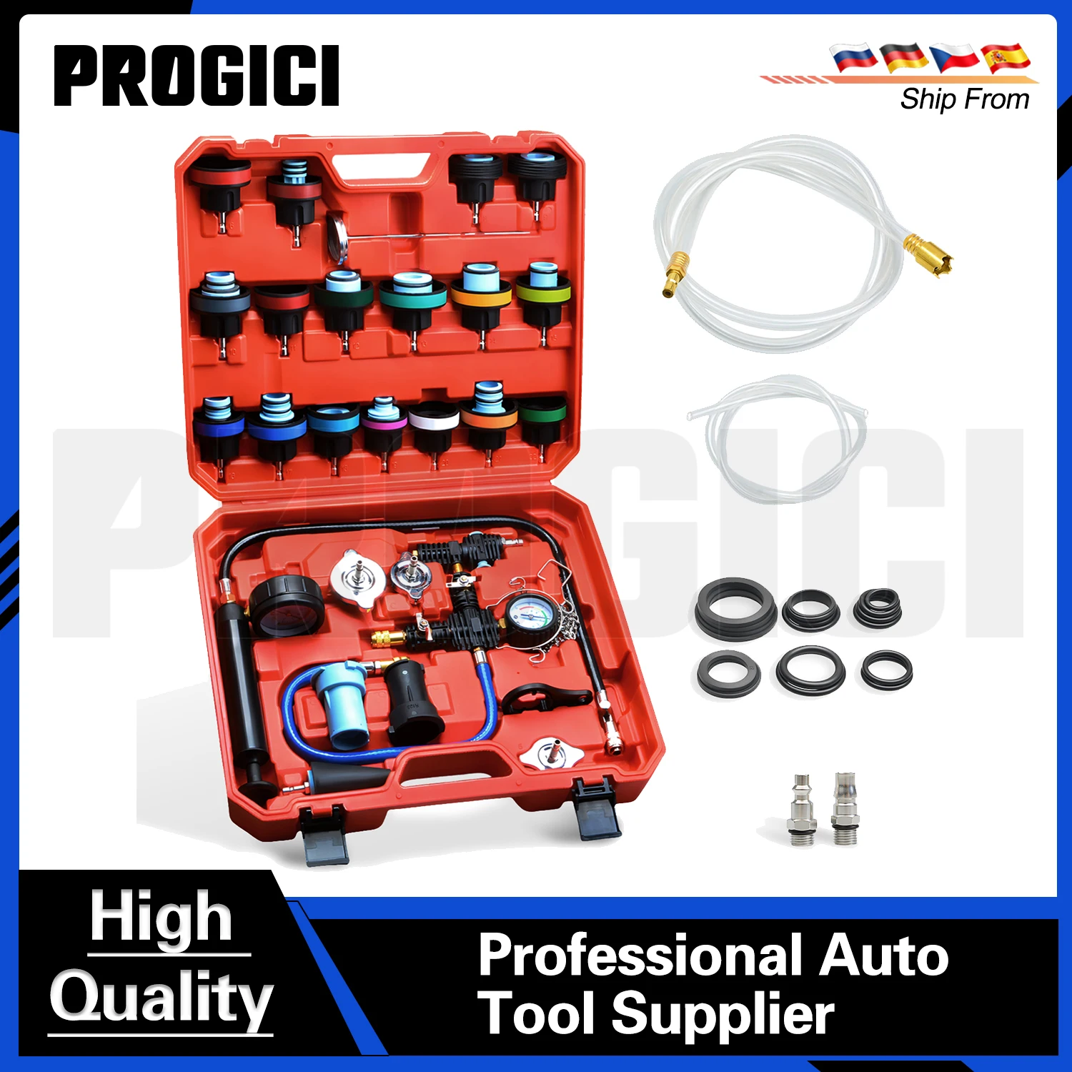PROGICI 28PCS Tester Universale per Pressione del Radiatore, Sistema di Raffreddamento a Vuoto, Test di Perdite per il Riempimento del Serbatoio, Manometro 3.5 Bar, Strumenti Diagnostici per Perdite