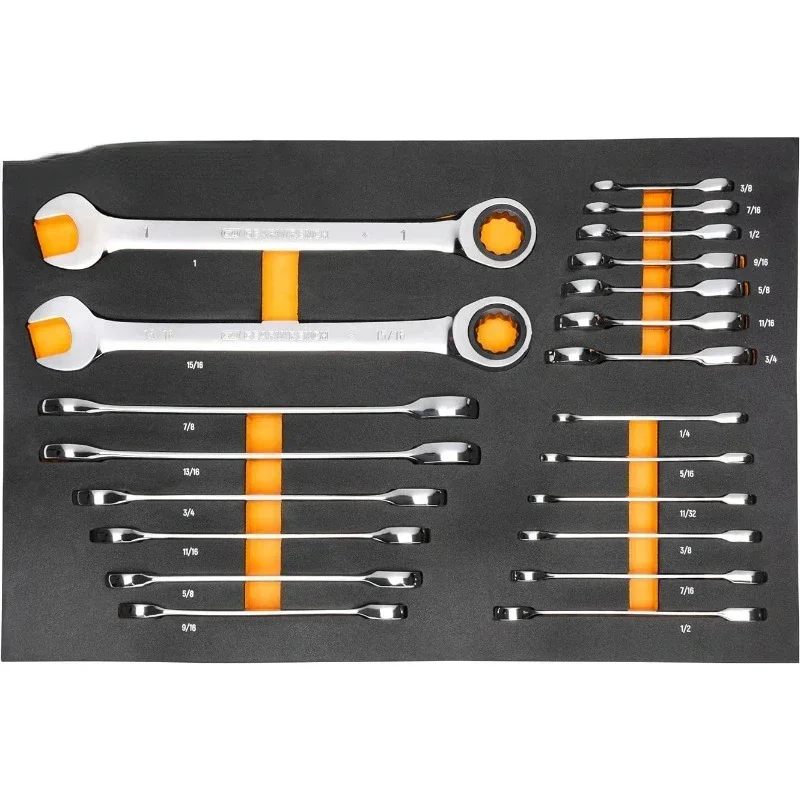 

Hot Sales21 Piece 72T SAE Standard & Stubby Ratcheting Wrench Set With EVA Foam Tray - 86526