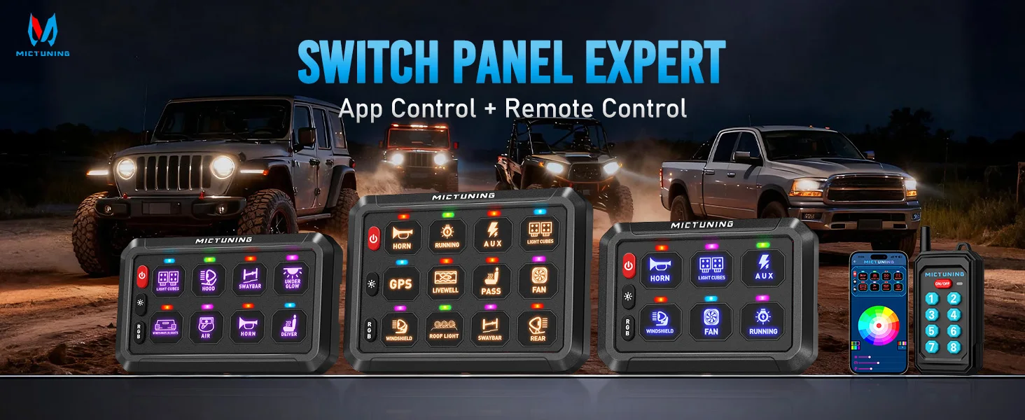 MICTUNING P1Y RGB 6-Gang-Schalttafel mit kabelloser Fernbedienung und App-Steuerung, Fernbedienung bis zu 230 Fuß, 12 V/24 V für LKW, Wohnmobil, Offroad – Detail 1