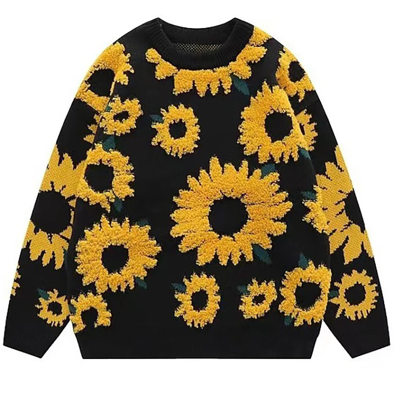 Flocking Floral Sweaters Men Baggy Spring Autumn Japanese Style Retro High Street Harajuku Knitwear Slouchy Ins Knitwear Sweater