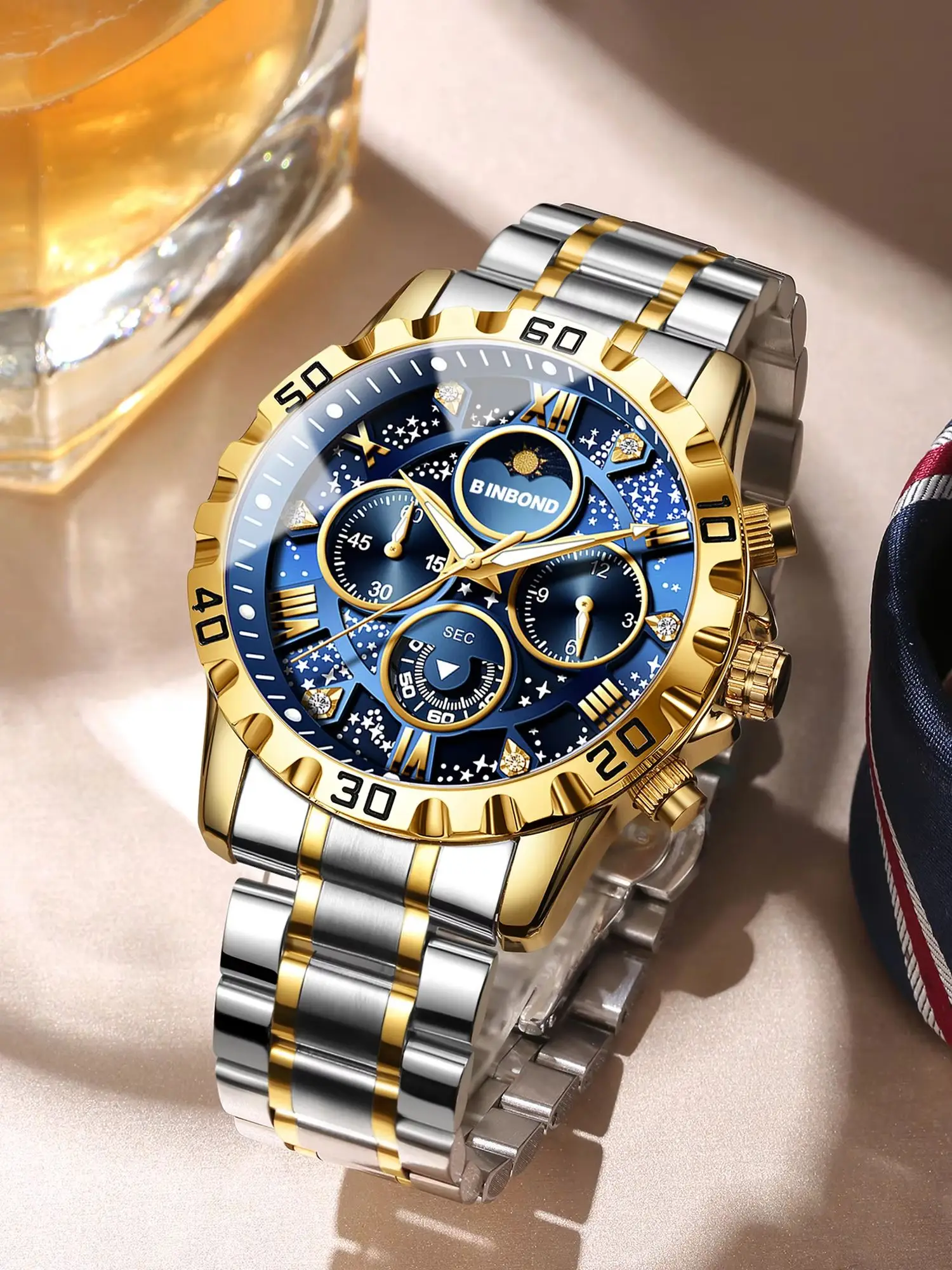BINBOND Original Chronograph Quarzuhr für Herren, wasserdicht, leuchtend, luxuriös, Reloj Hombre, Edelstahl, Mondphasen, Herrenuhren