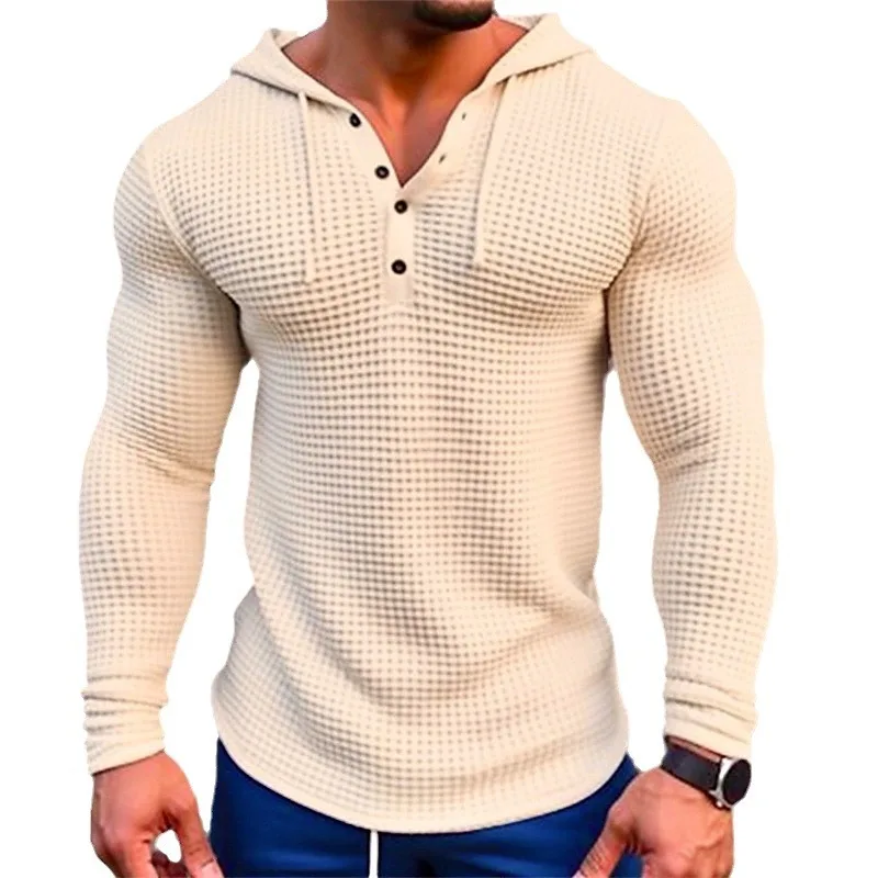 2026 Neuer Herren-Hoodie mit Waffelstruktur, Henley-T-Shirt, Langarm, Einfarbig, Slim Fit, Lässiger Kapuzenpullover für Männer, Alltagsoutfit – Detail 6
