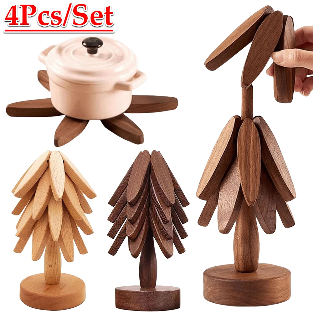 

4PCS Tree Design Stand Wooden Trivets Anti Scald Heat Resistant Table Mat Coaster Wood Placemats Pot Kitchen Accessories