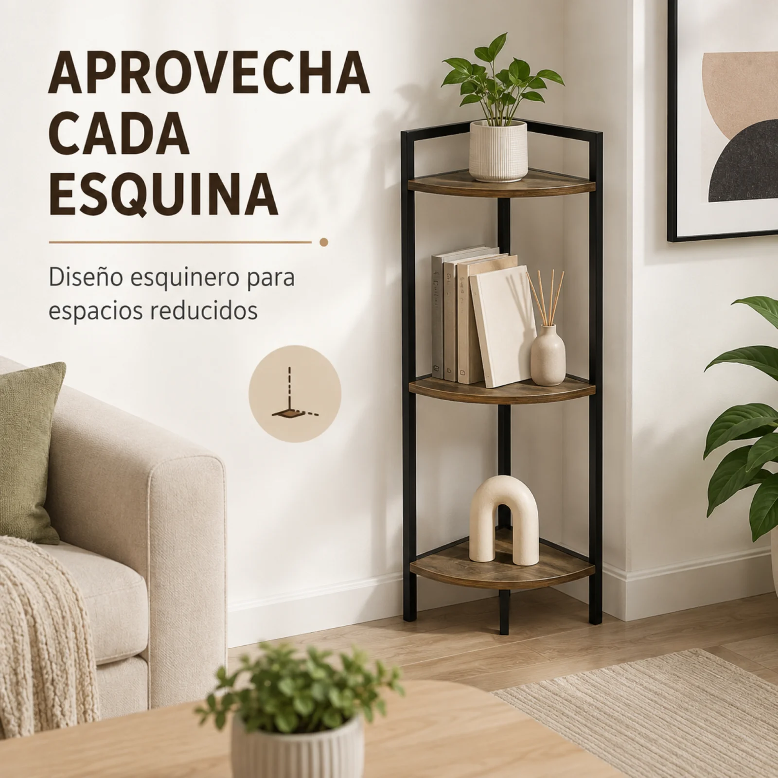 Fotografia 7: Estante de Canto de 3 Níveis para Armazenamento, Prateleira de Canto Industrial em MDF e Metal para Cozinha, Sala de Estar e Banheiro, Organizador Compacto 23,5x23,5x80cm