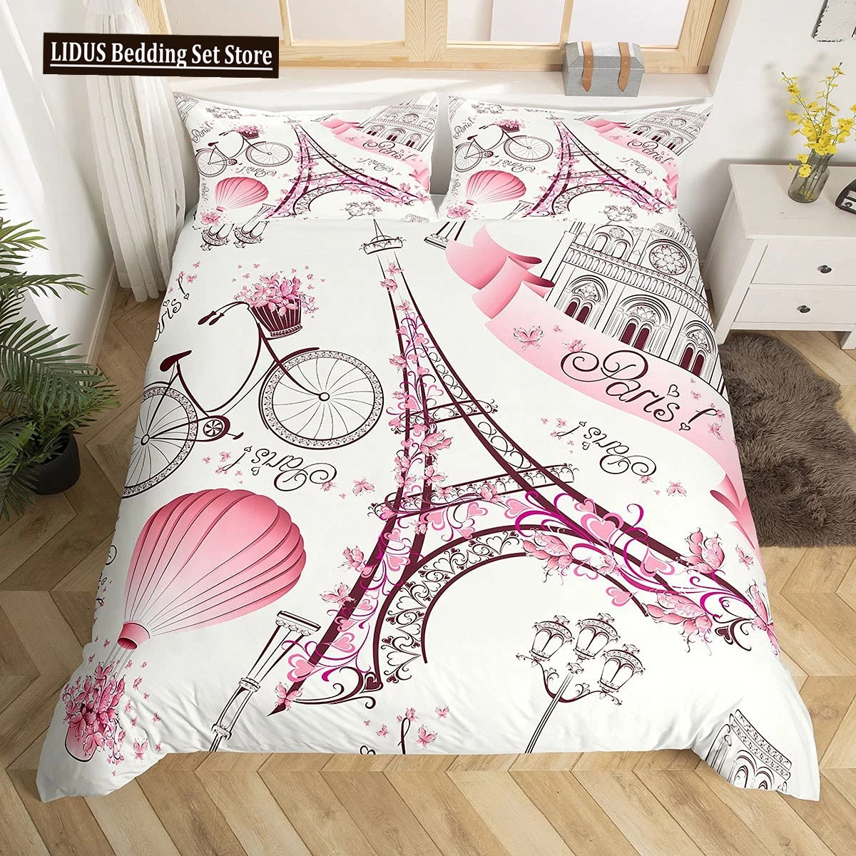 

Eiffel Tower Duvet Cover Set Romantic Theme For Girls Women Couple Bedding Set Paris Cityscape Printed Polyester Comforter Cover