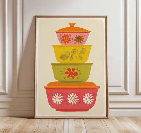 Retro Pyrex Poster, Mid Century Kitchen Wall Art, Vintage Bowl Stack Print, Colorful 70s Home Decor, Retro Kitchen Illustration