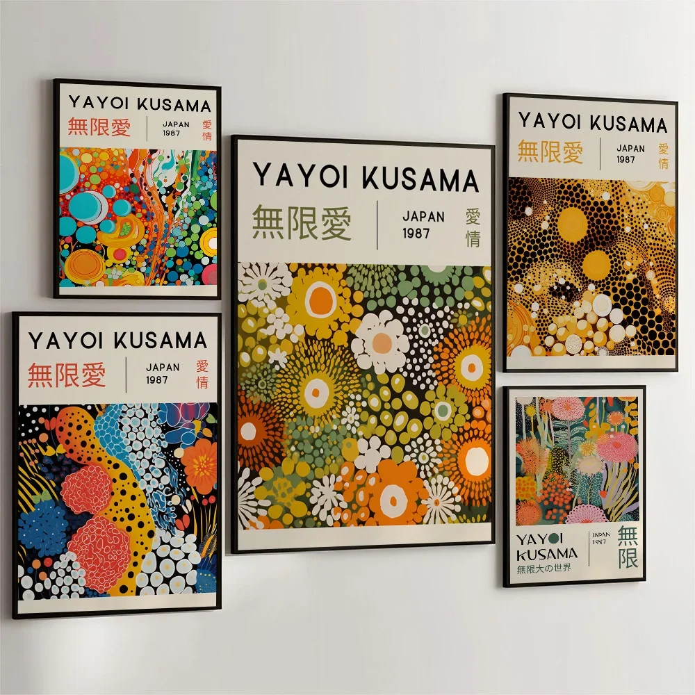 1pc Yayoi Kusama Exhibition Pumpkin Flower Poster Self-adhesive Art Waterproof Paper Sticker Coffee House Bar Room Wall Decor