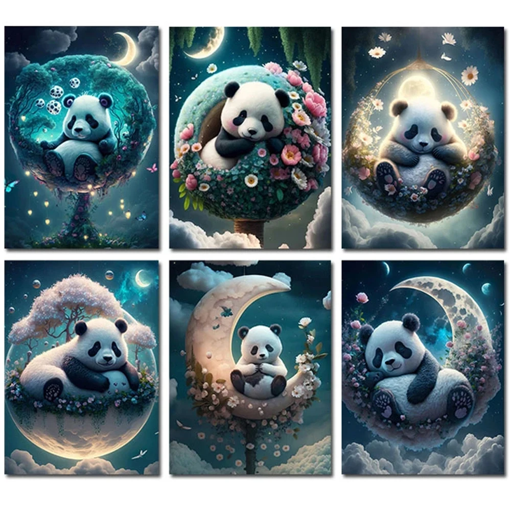 Fantasy Panda Diamond Painting 2023 New Animals Diamond Mosaic Embroidery Moonlight Tree Of Life Cradle Boat Home Decor Y764