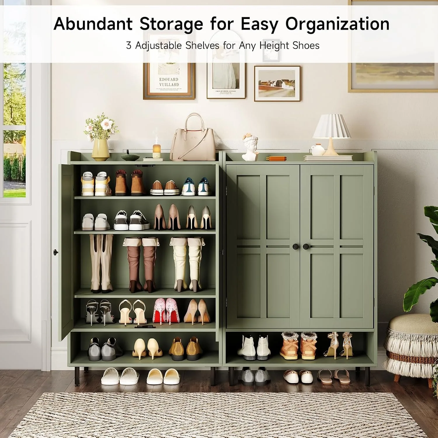 45 Inch Shoe Cabinet,Cross Molding Doors,6 Tier Storage With 3 Adjustable Shelves & Metal Legs Entryway Organizer, Customized