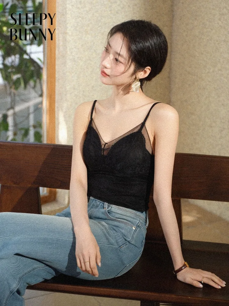 

Women Mesh Lace Tank Top V Neck Slim Fit Camisole Padded Sleeveless Stretch Inner Layering Shirt Summer Casual Chic Lady Outfit