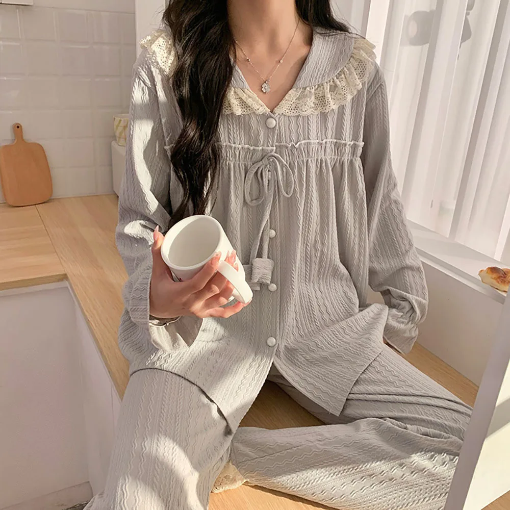 Long Sleeve Sweet French Princess Style Lace Home Nightgown Spring New Long Sleeved Pullover Loose Pants 2Pcs Lady Sleepwear Set