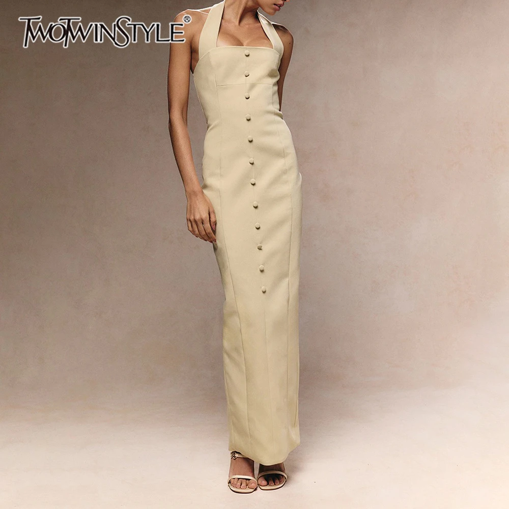 TWOTWINSTYLE Solid Slimming Midi Minimalism Dress for Women Halter Neck Sleeveless Patchwork Zipper Dresses Female Elegant New