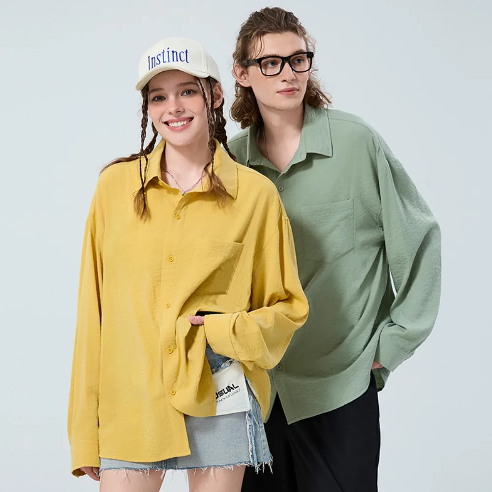 

Summer Long-sleeved Shirt Solid Color Embroidery Anti-wrinkle Trendy Brand Unisex Style Casual Loose Versatile