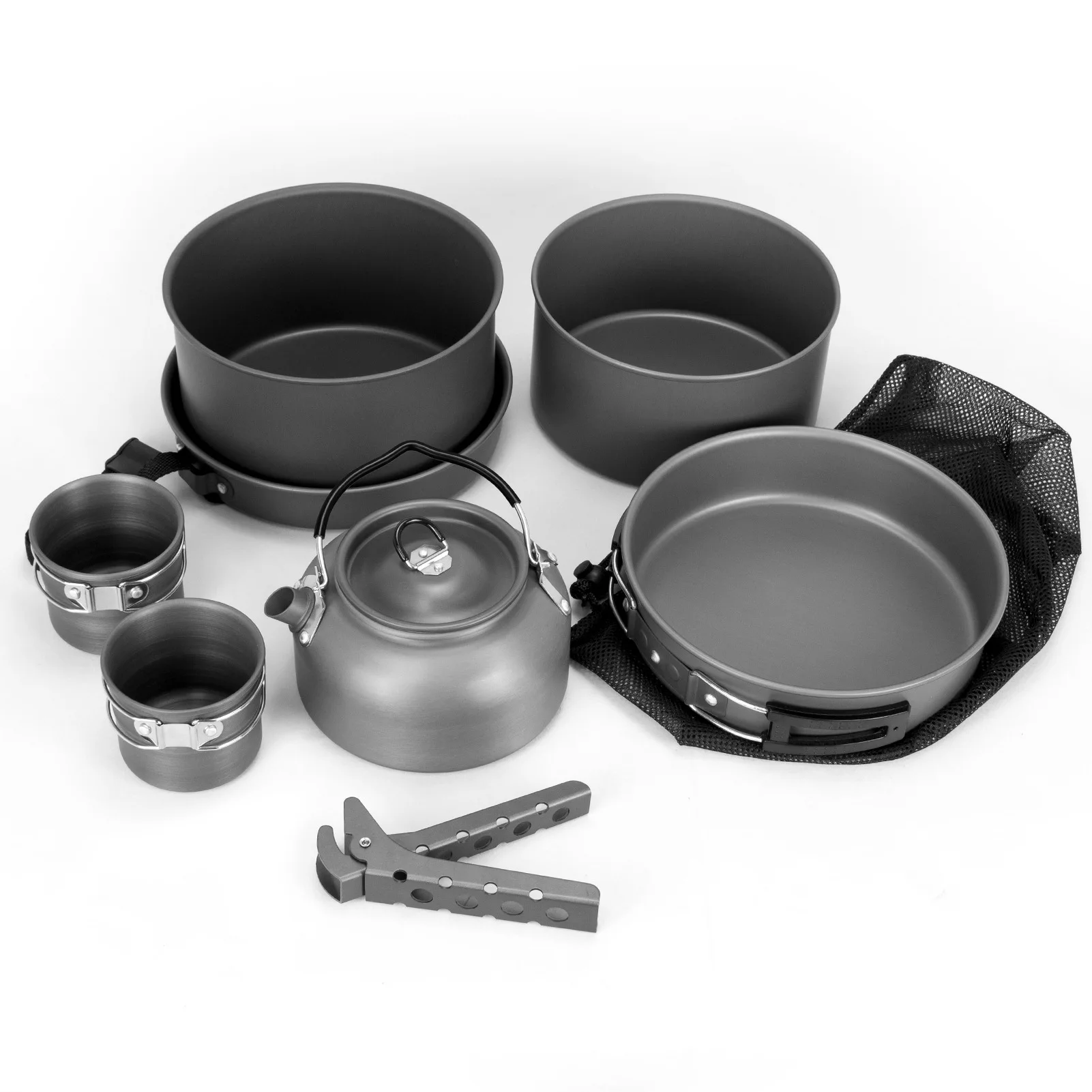 

Custom Wholesale Ultralight Aluminum Cooking Portable Kitchenware 8pcs Cup Pots And Pans Outdoor Camping Cookware Set