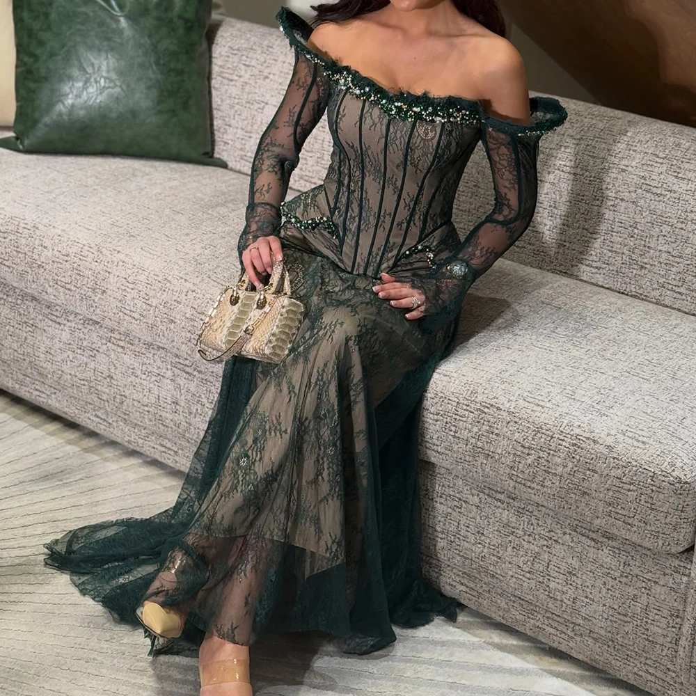 

Women's A-line Evening Dresses Floor-length Off The Shoulder Full Sleeve Prom Gown Fashion Lace Crystal Beading Customized Gowns