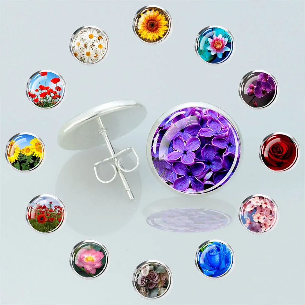 1 Pair Flower Cute Earrings for Women Girls Lilac Roses Cherry Blossom Lotus Poppy Glass Dome Stud Earring Fashion Jewelry Gift