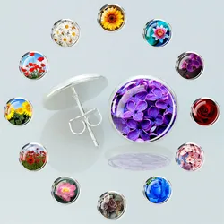1 Pair Flower Cute Earrings for Women Girls Lilac Roses Cherry Blossom Lotus Poppy Glass Dome Stud Earring Fashion Jewelry Gift