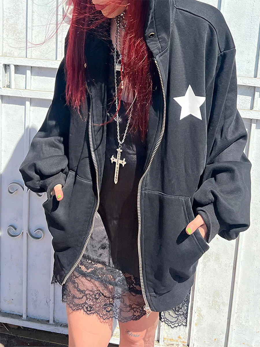 Women'S Gothic Black Long Sleeved Jacket Hooded Jacket With Star Print Zipper Autumn Loose Jacket With Pockets Street Wear