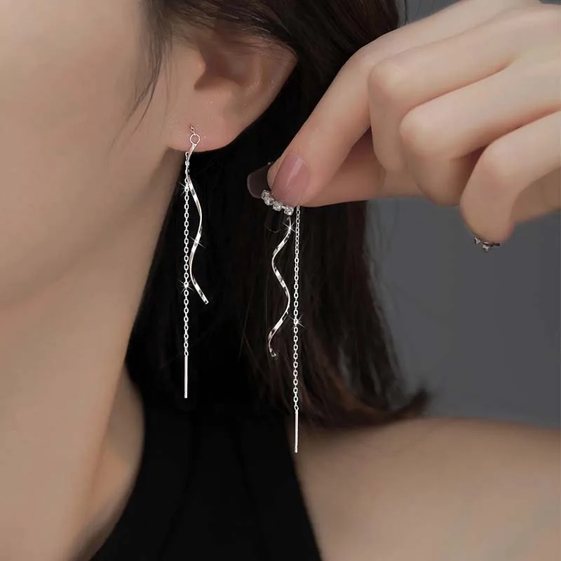 Korean Silver Color Wave Long Tassel Threader Earrings for Women Elegant Simple Long Chain Drop Earring Wedding Jewelry Gift