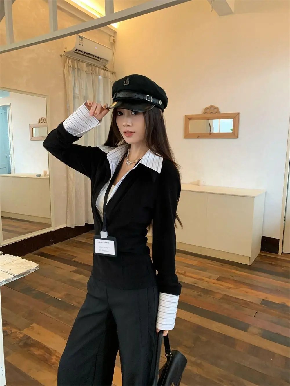 

Spring Faion Chic ort Knitted irt Women's Sli Waist-Cinching Fake Two-Piece T-irt Sweet-and-Spicy Collar Design