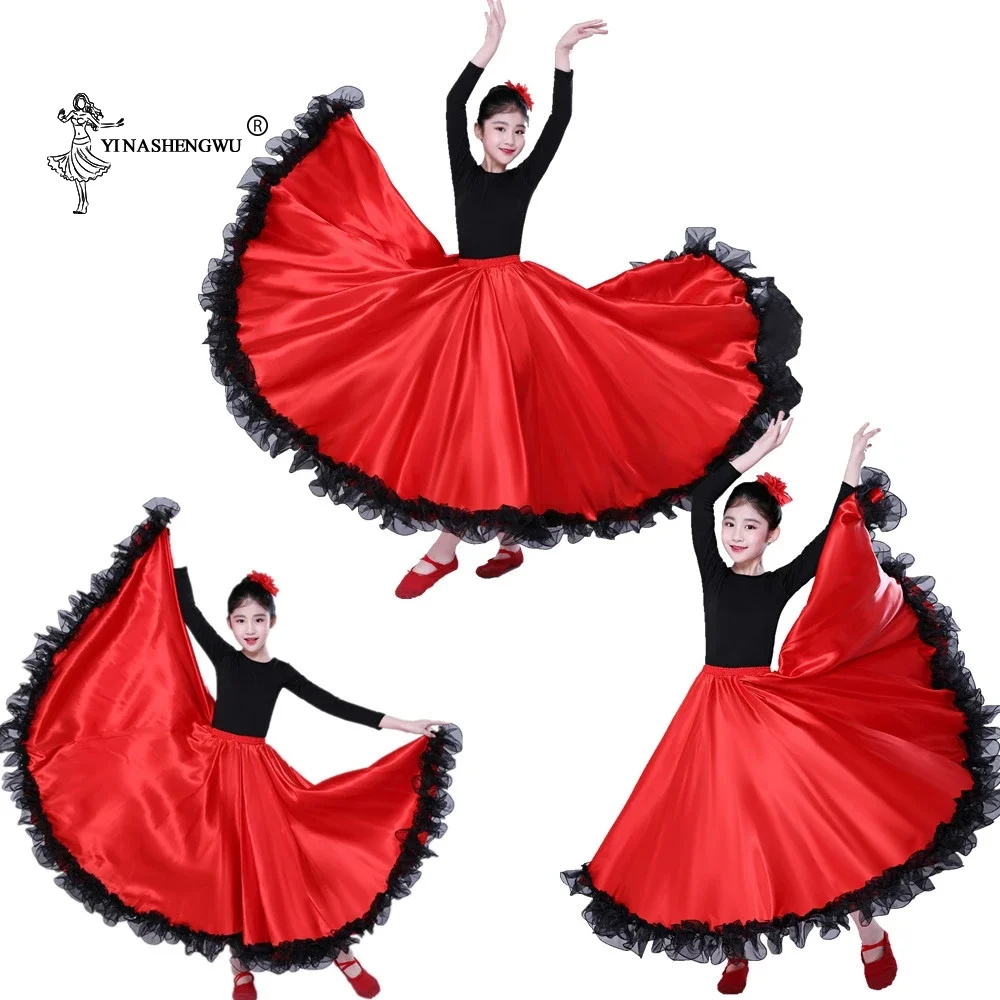 Gonna di flamenco spagnolo in raso solido con lacci Costumi di danza del ventre femminile 360-720 gradi Ragazze Bambini Sala da ballo Madre figlia Abito