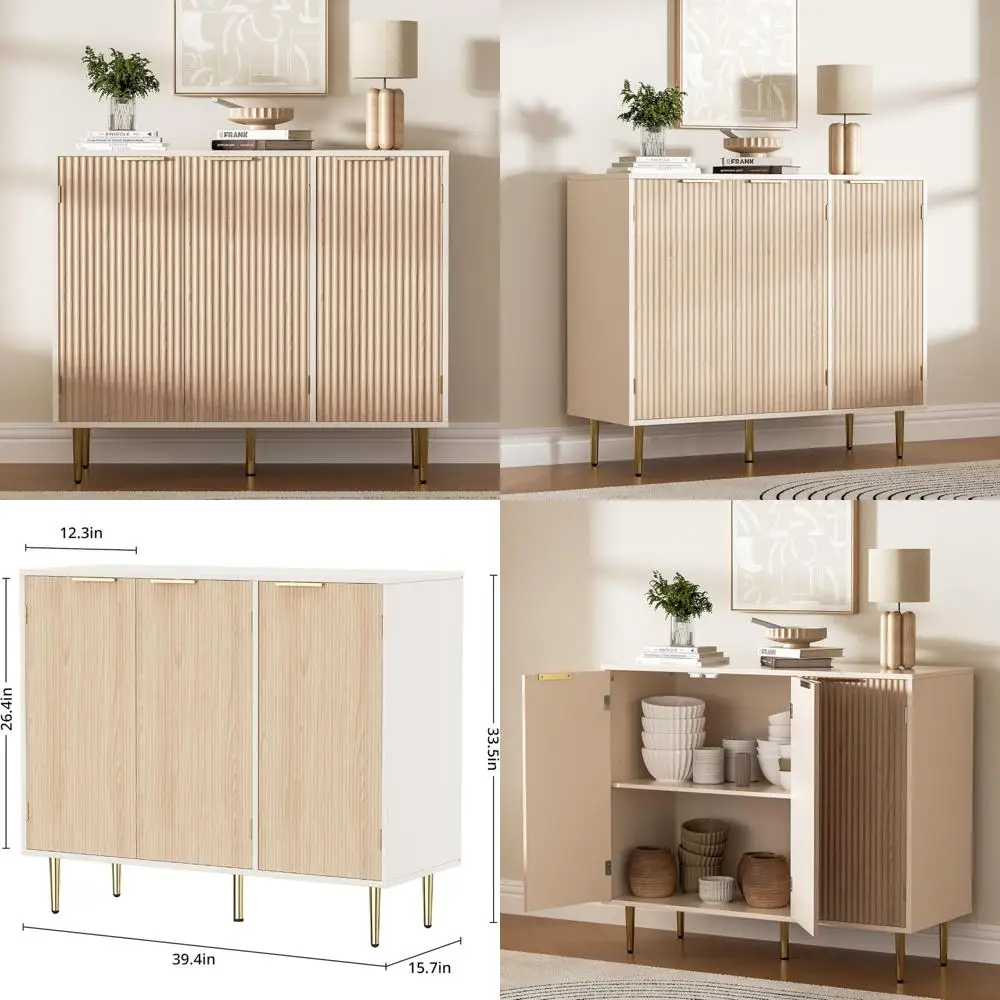 Modern Fluted 3-Door Buffet Cabinet with Adjustable Shelves and Golden Handles for Kitchen Storage
