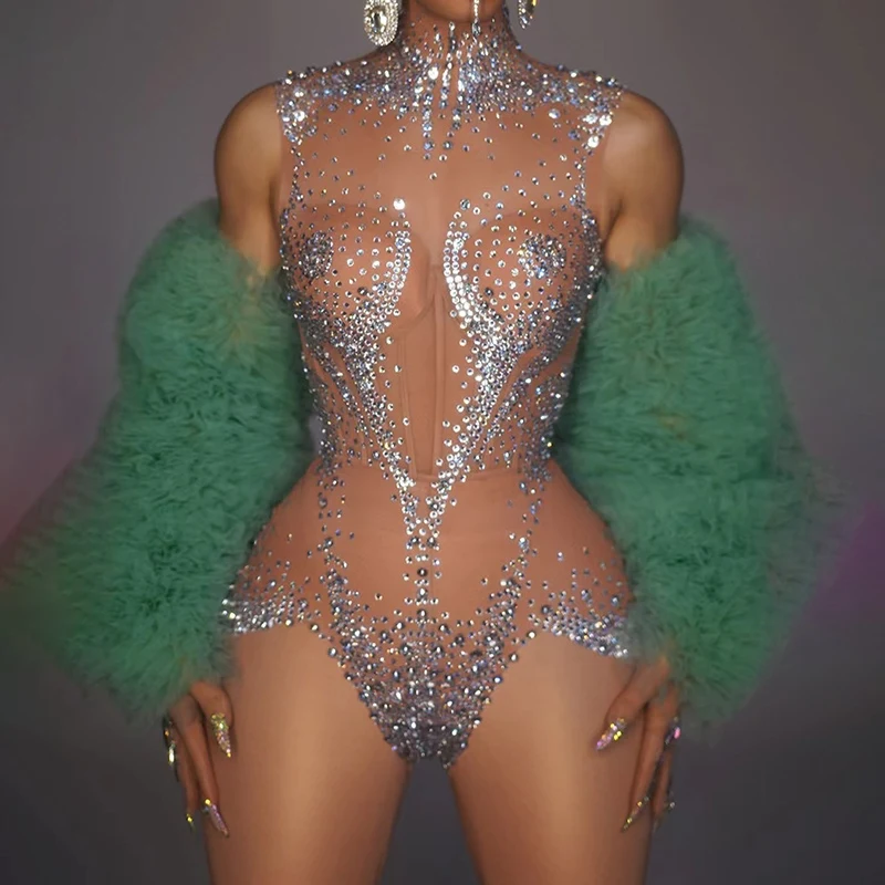 

2024 New Rhinestones Bodysuit Pole Dance Performance Clothing Party Rave Outfit Clubwear Stretch Drag Queen Costume VDB8137