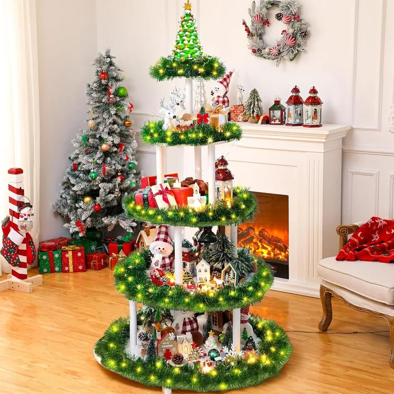 DIY Christmas Tree Village 5 Tier 59 Inches with Snow Blanket Garland Display Tree Stand Xmas Tree Wooden Holder，home.