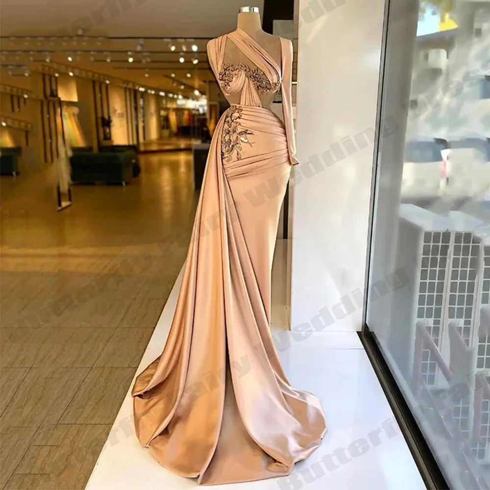 2023 Champagne Merrmaid Formele Avondjurken Een Schouder Plooien 3d Bloemen Galajurken Nieuwe Celebrity Party Robe فساتين الحفلات