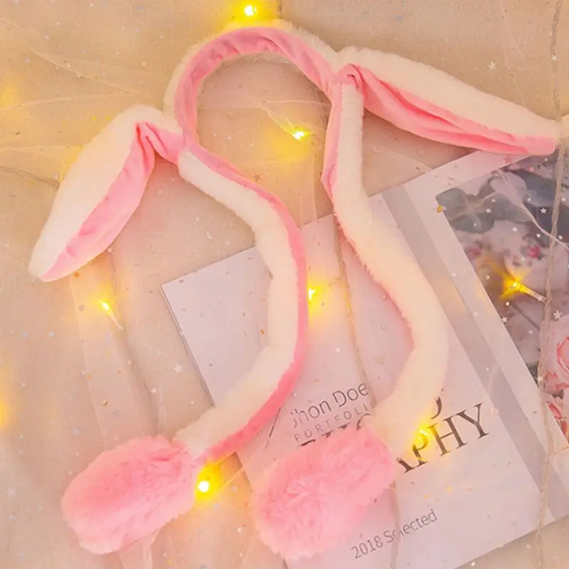 Women Girls Cute LED Light Up Rabbit Headband with Airbag Moving Ears Children Bunny Long Plush Toy Hair Hoop Photo Prop