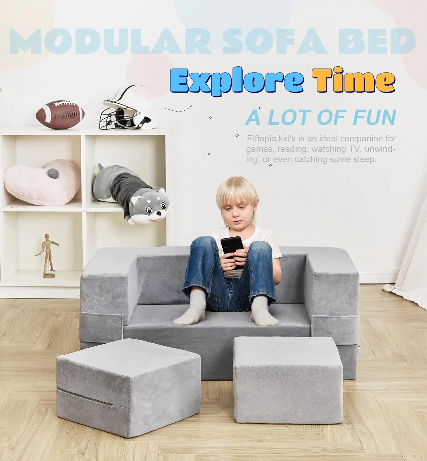 Sofá para niños, sillón de espuma para niños pequeños, juego de sofá de felpa convertible para niños, sofá cama plegable (gris)