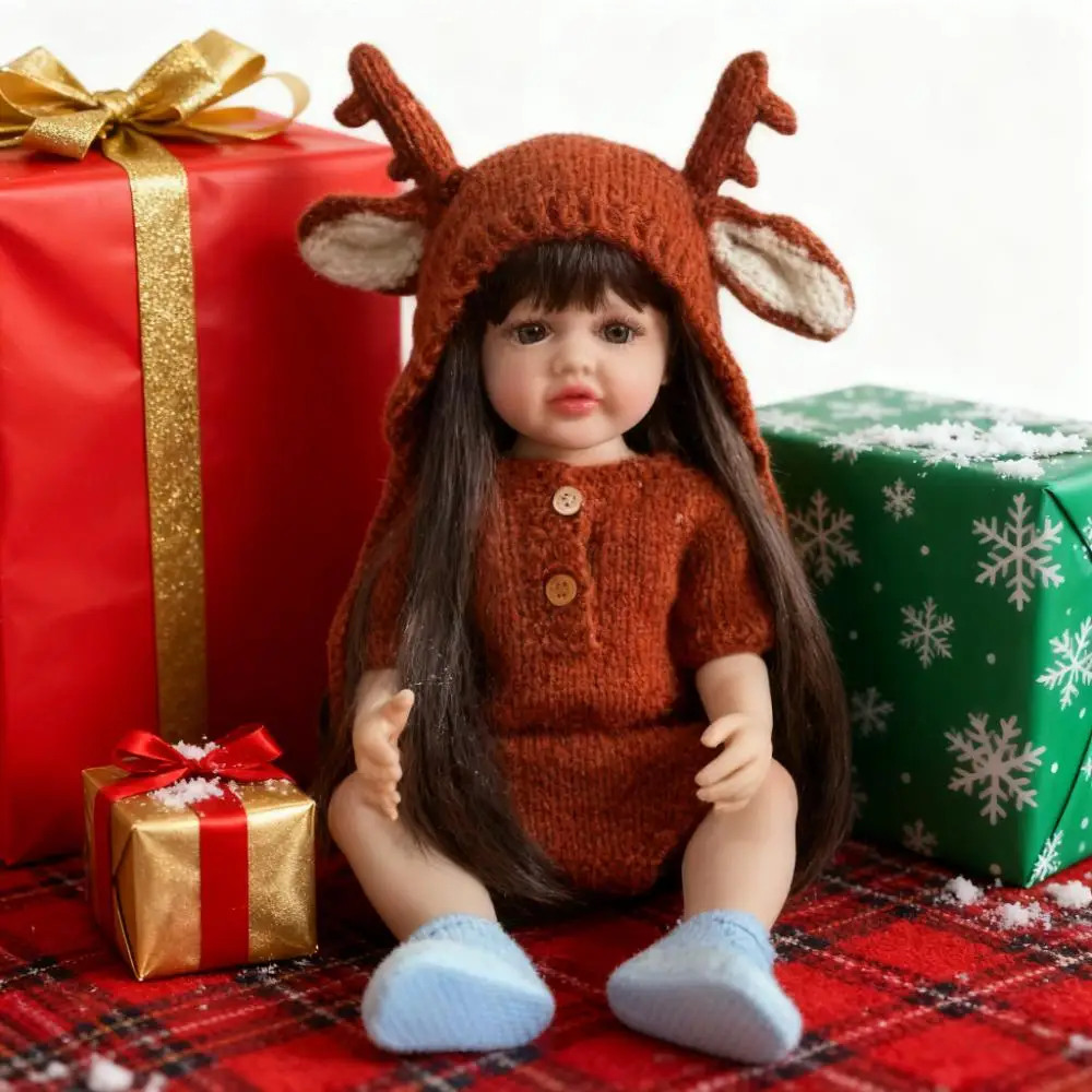 

22-Inch Full Vinyl Reborn Baby Girl Doll, Washable Lifelike Toy with Brown Hair, Realistic Art Doll Gift for Kids and Collectors